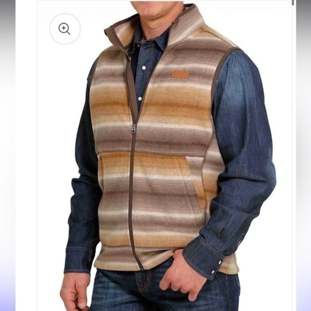 ▶️ Cinch ◀️ Men's Striped Western Polar Fleece Full Zip Vest - Brown. Medium - Picture 1 of 14